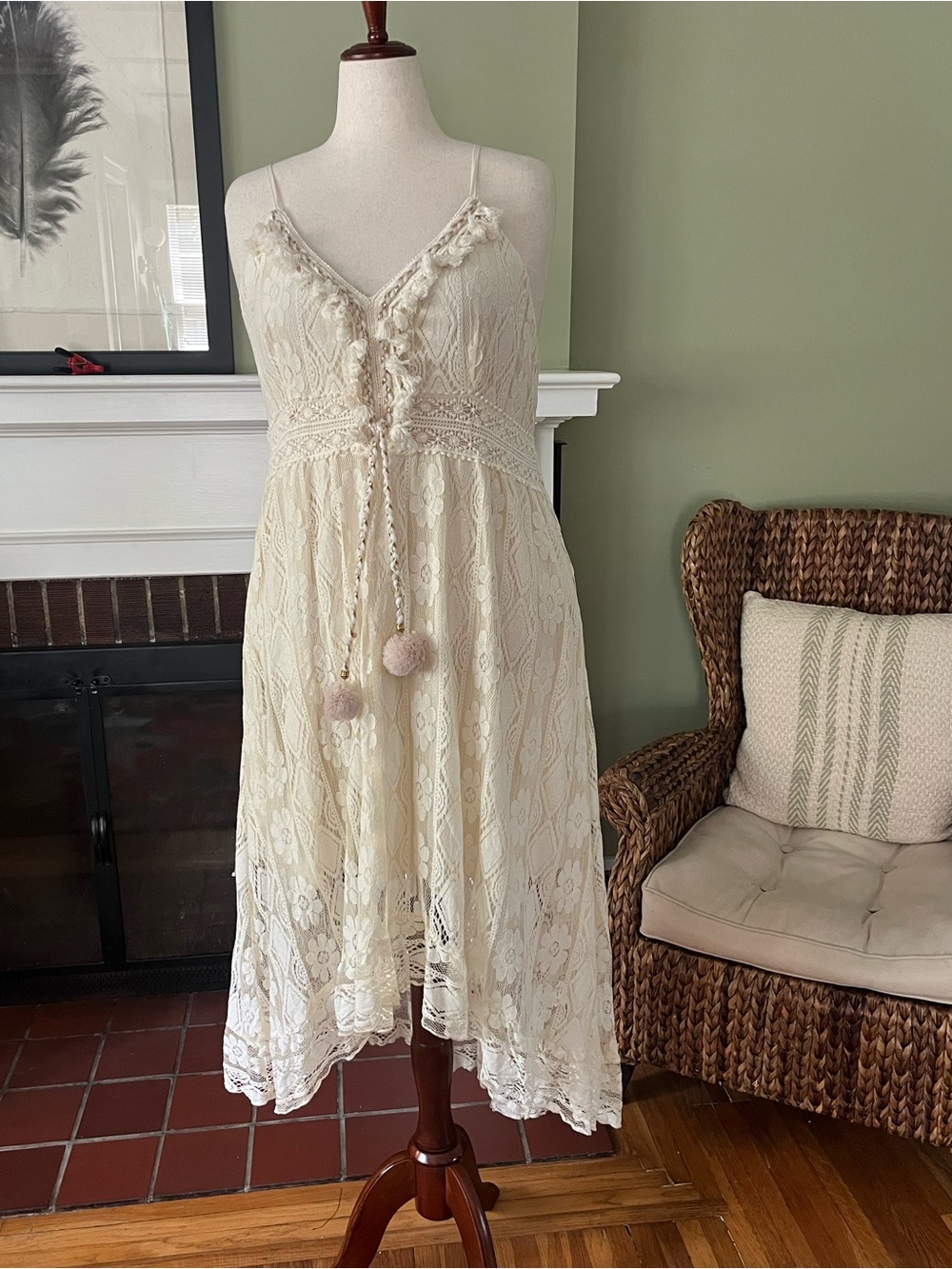 Ivory Boho Lace Midi Dress | Crochet Lace | High-Low Hem | L/XL Approx - Picture 2 of 8